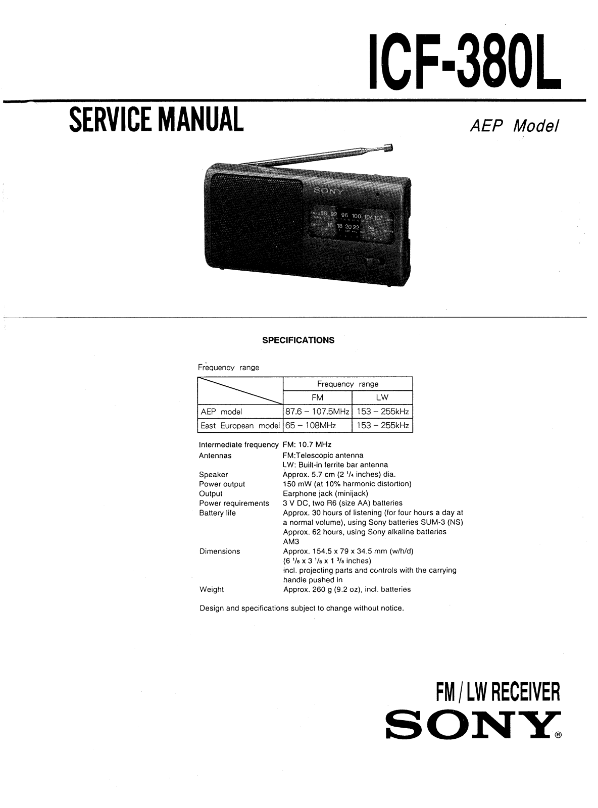 Sony ICF-380-L Service manual