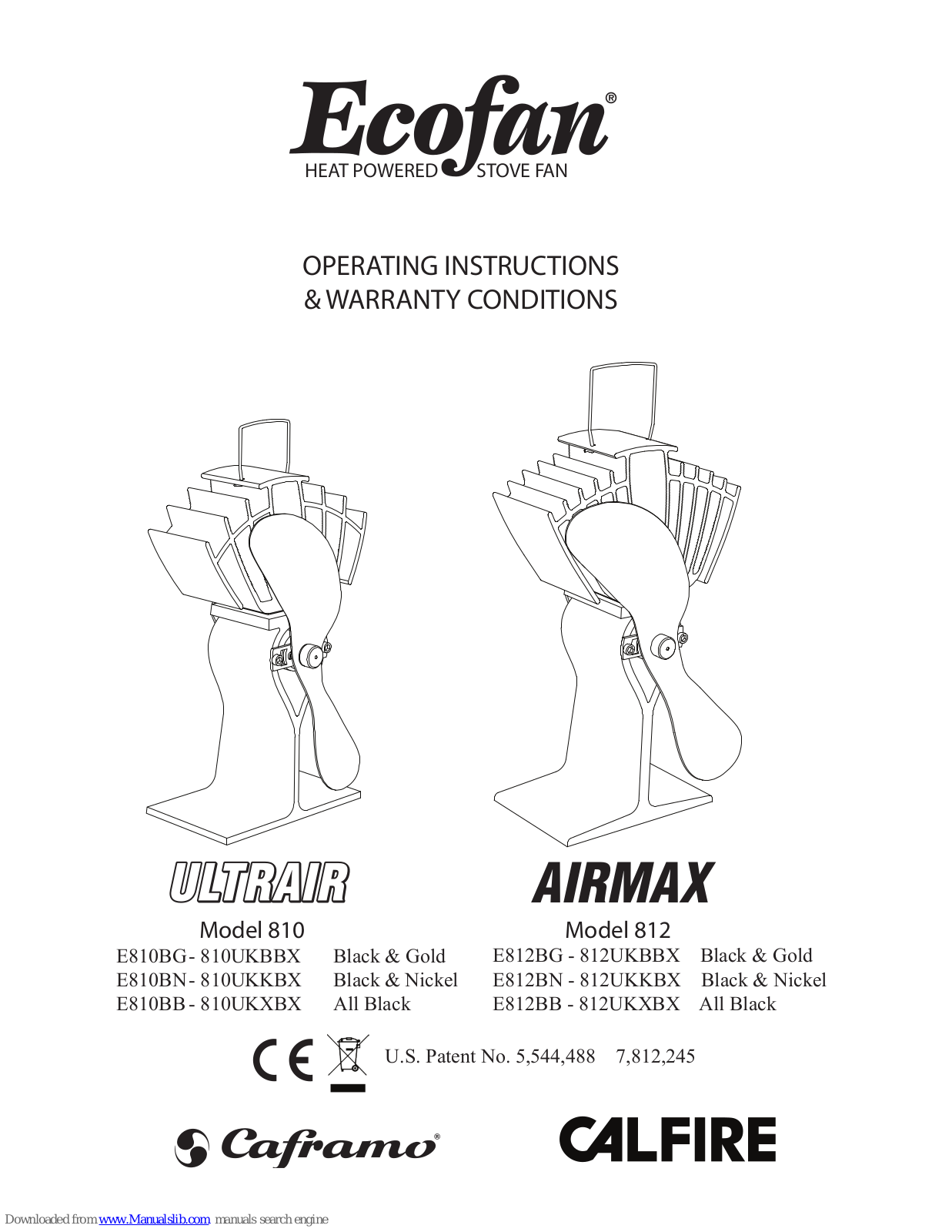 Ecofan Ultrair 810, Ultrair E810BG, Ultrair E810BN, Ultrair E810BB, Airmax E812BG Operating Instructions & Warranty Conditions