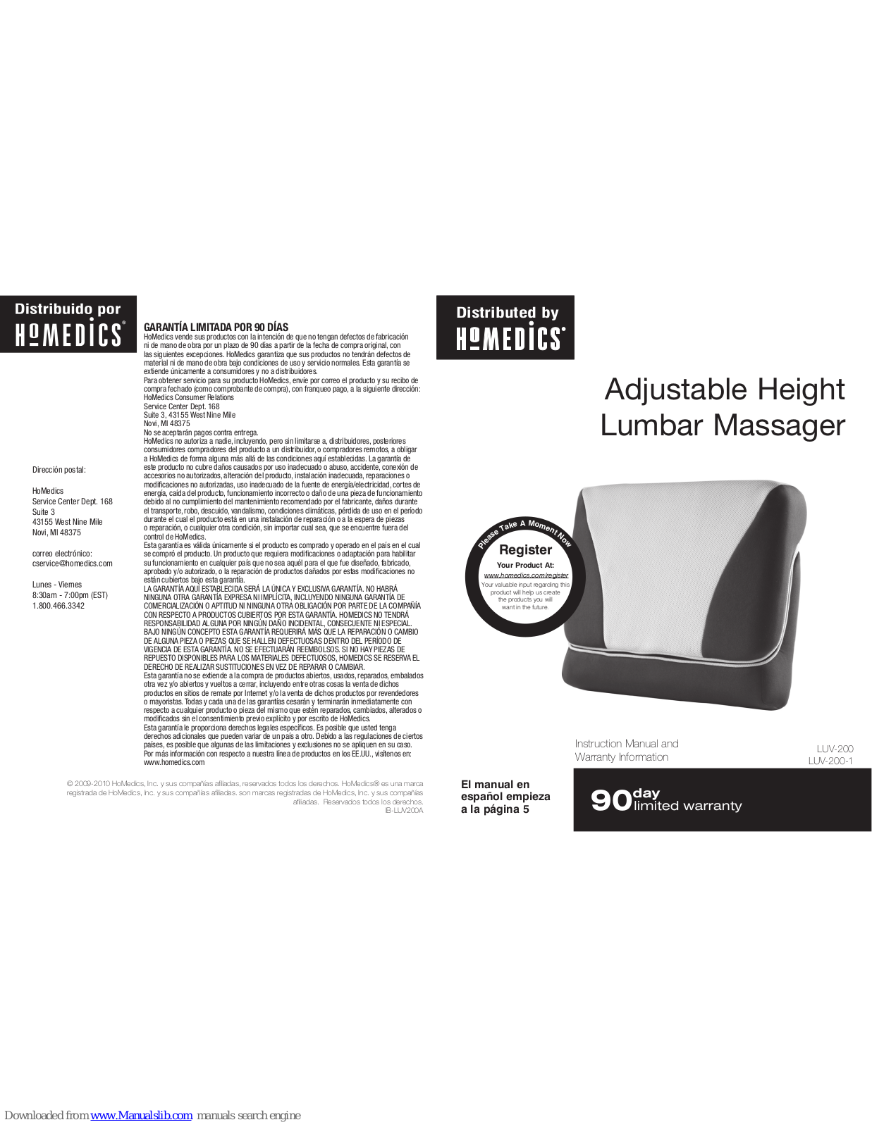 HoMedics LUV-200, LUV-200-1 Instruction Manual And Warranty Information