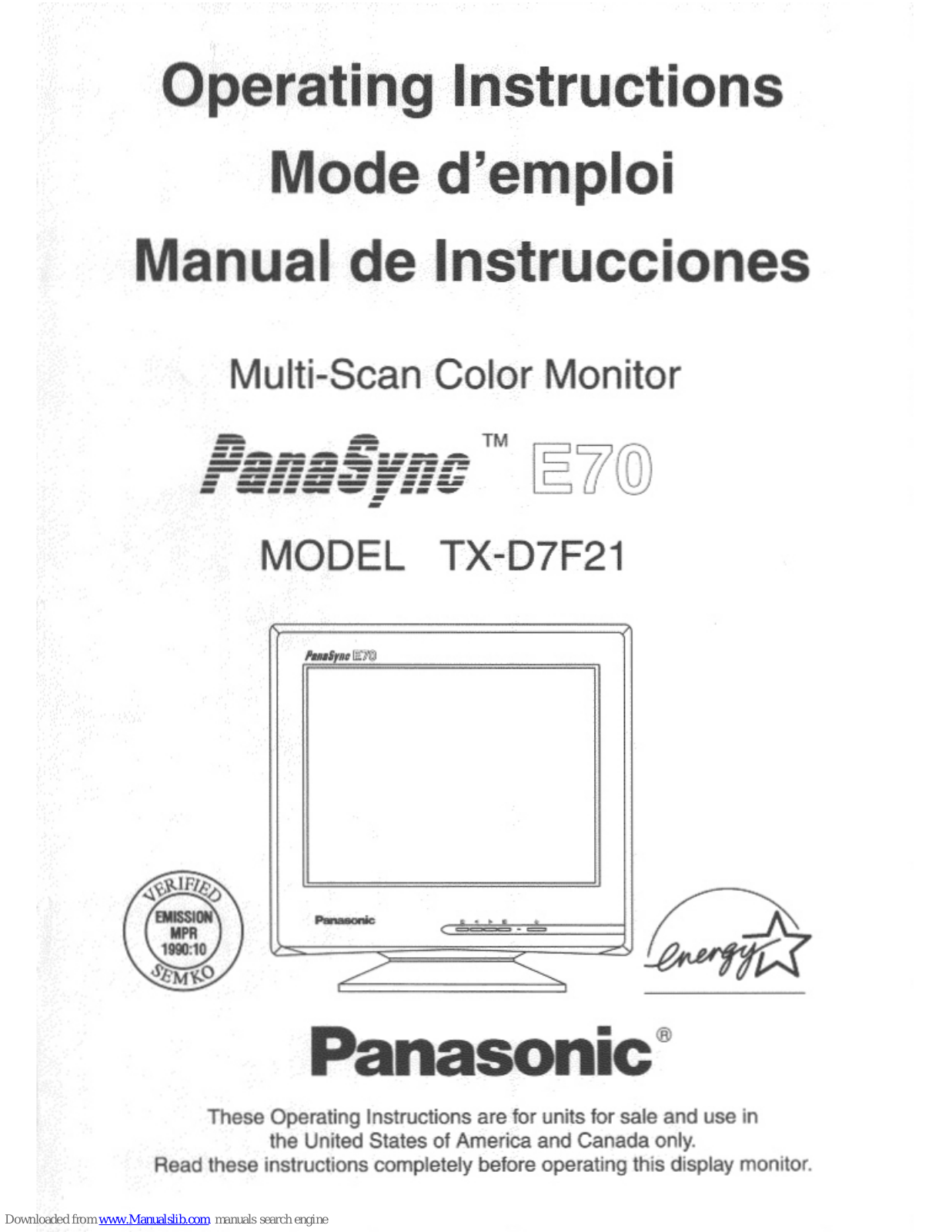 Panasonic PANASYNC E70, PANASYNC E70G, TX-D7F21 User Manual