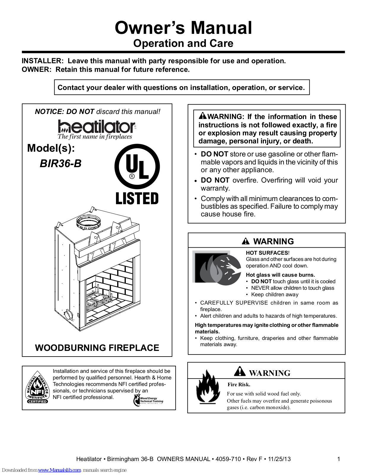 Heatilator BIR36-B Owner's Manual