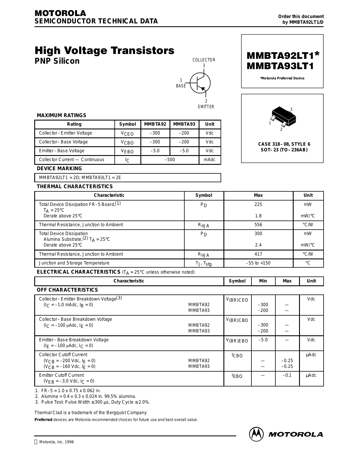 Motorola MMBTA93LT1 Datasheet