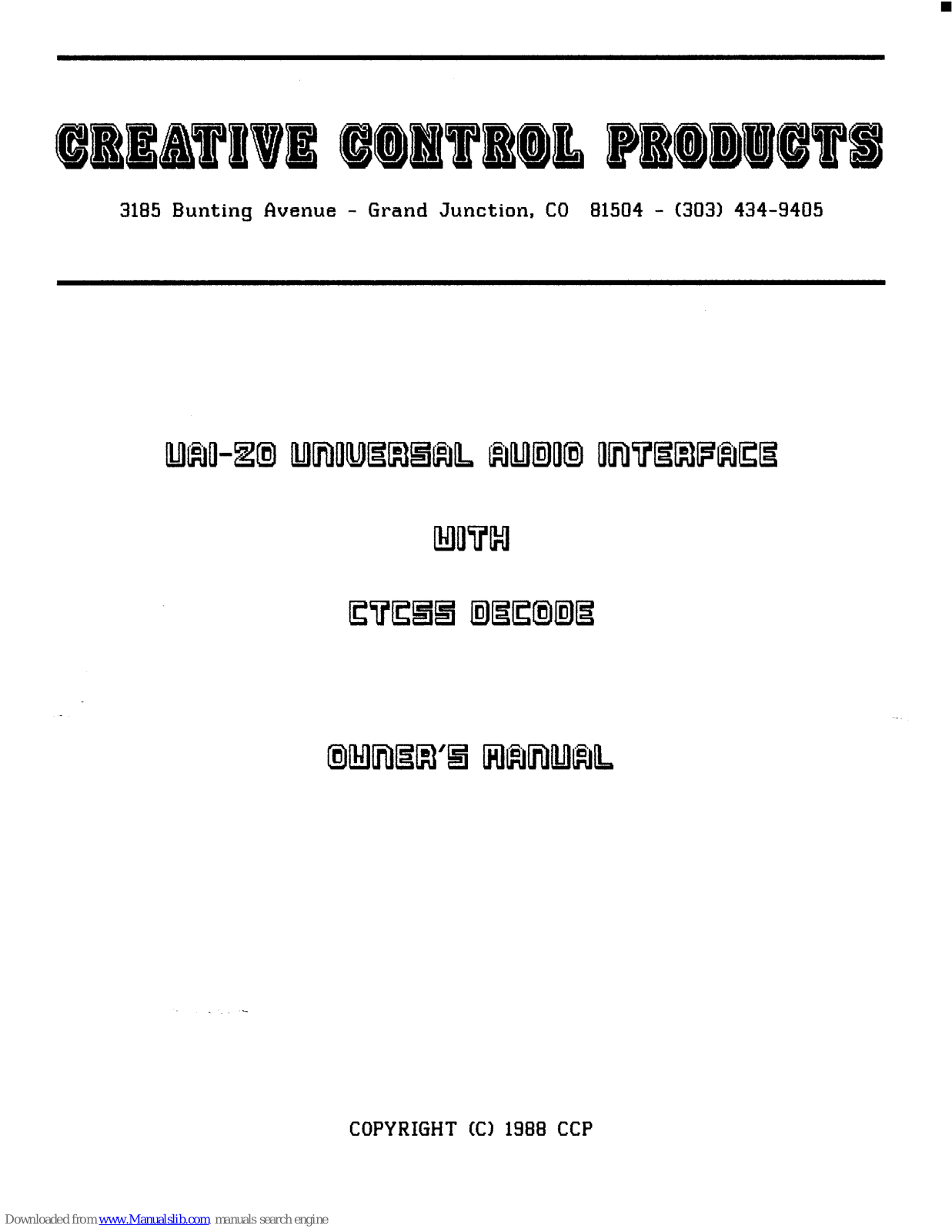 Creative Control Products UAI-20 Owner's Manual