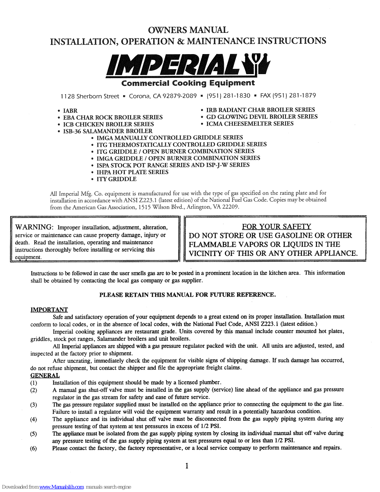 Imperial EBA Series, IMGA Series, ICB Series, ISB-36 Series, ITG Series Owner's Manual