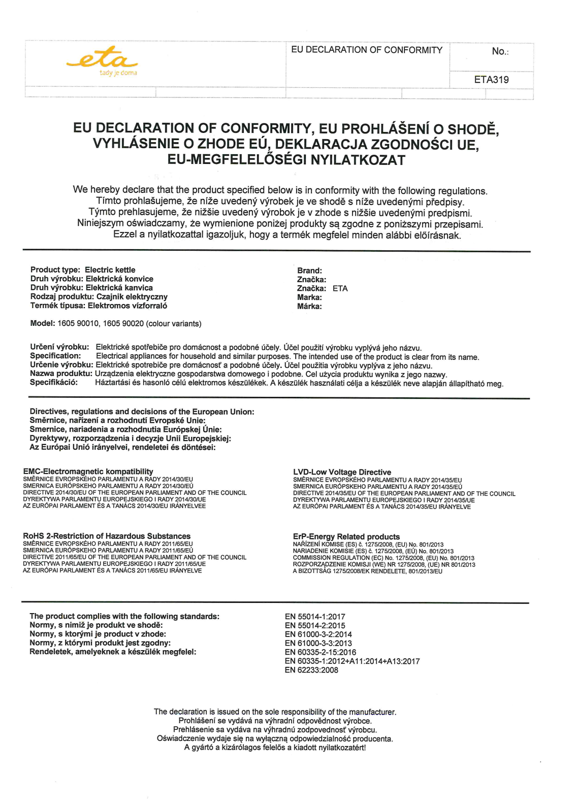 ETA Juna 1605 90010, Juna 1605 90020 User Manual