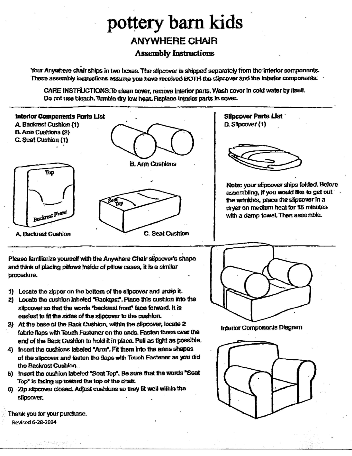 Pottery Barn Anywhere Chair Assembly Instruction