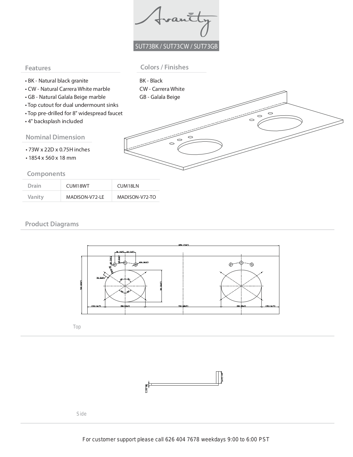 Avanity SUT73CW Specifications