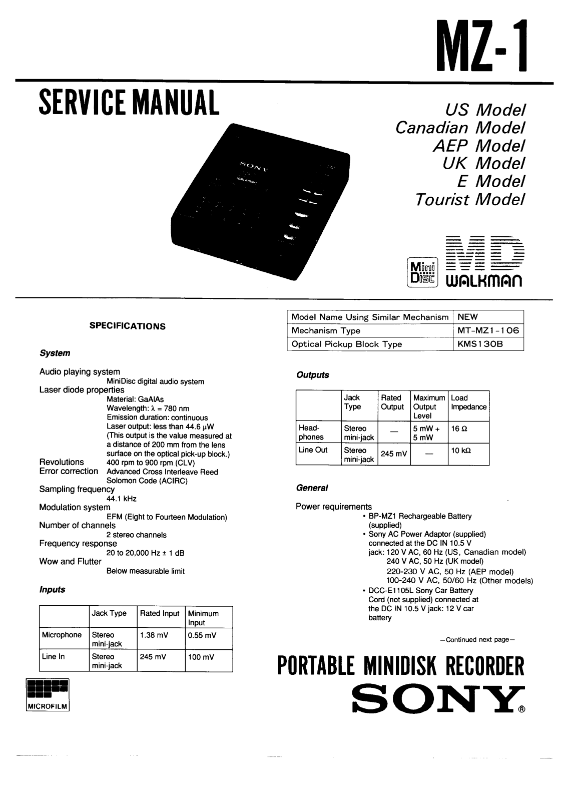 Sony MZ-1 Service Manual