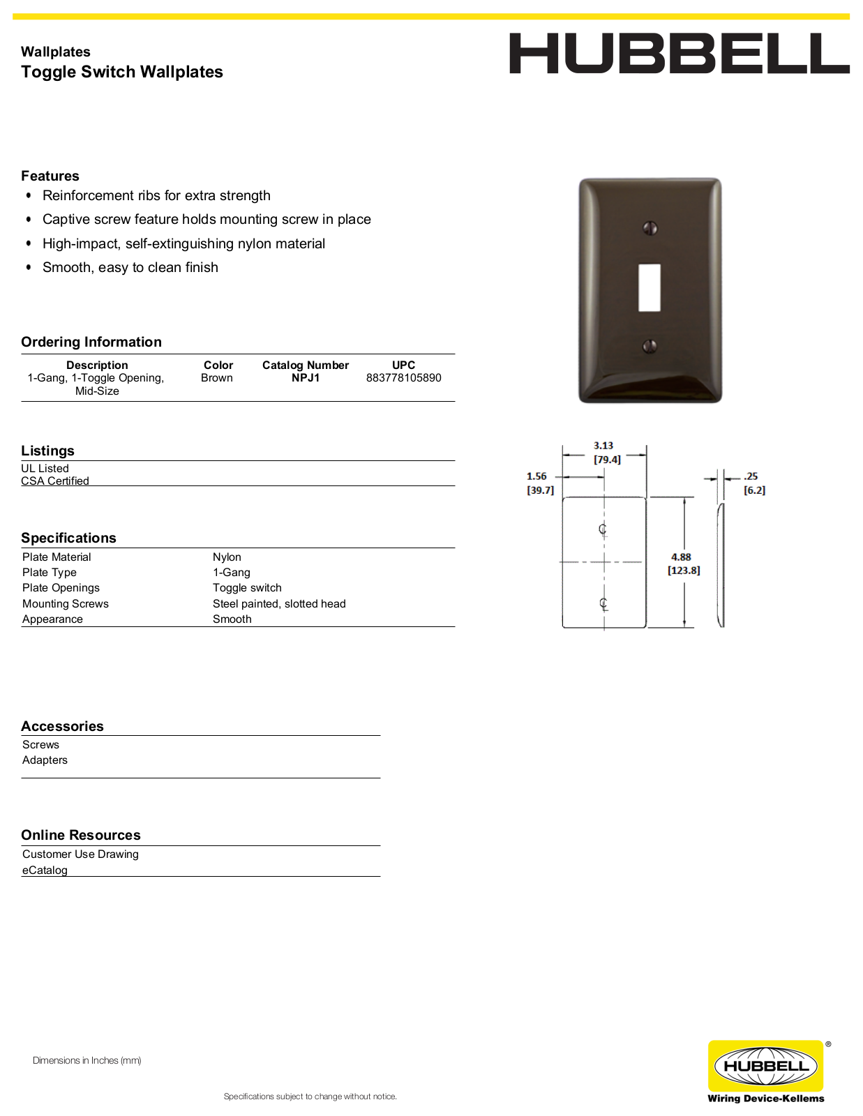 Hubbell NPJ1 Specifications