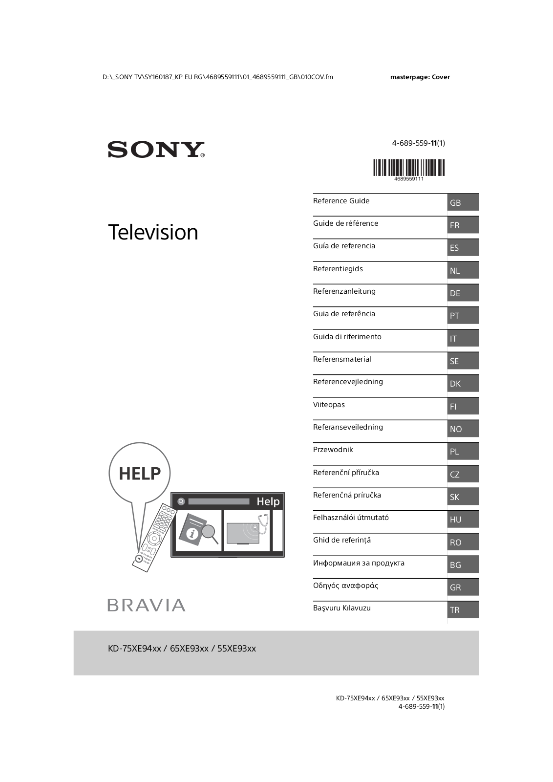 Sony KD-75XE94 SERIES, KD-65XE93 SERIES, KD-55XE93 SERIES Reference Manual