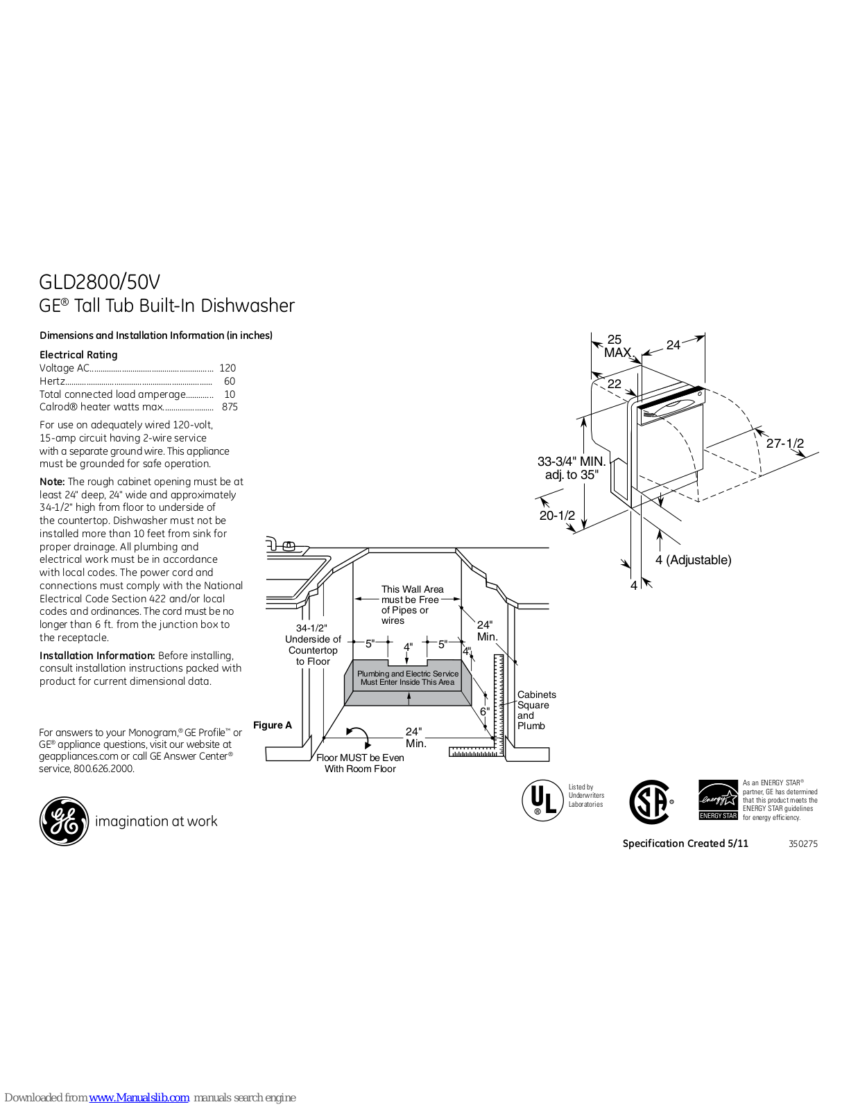 GE GLD2800V, GLD2850VCS, GLD2850V Dimensions And Installation Information