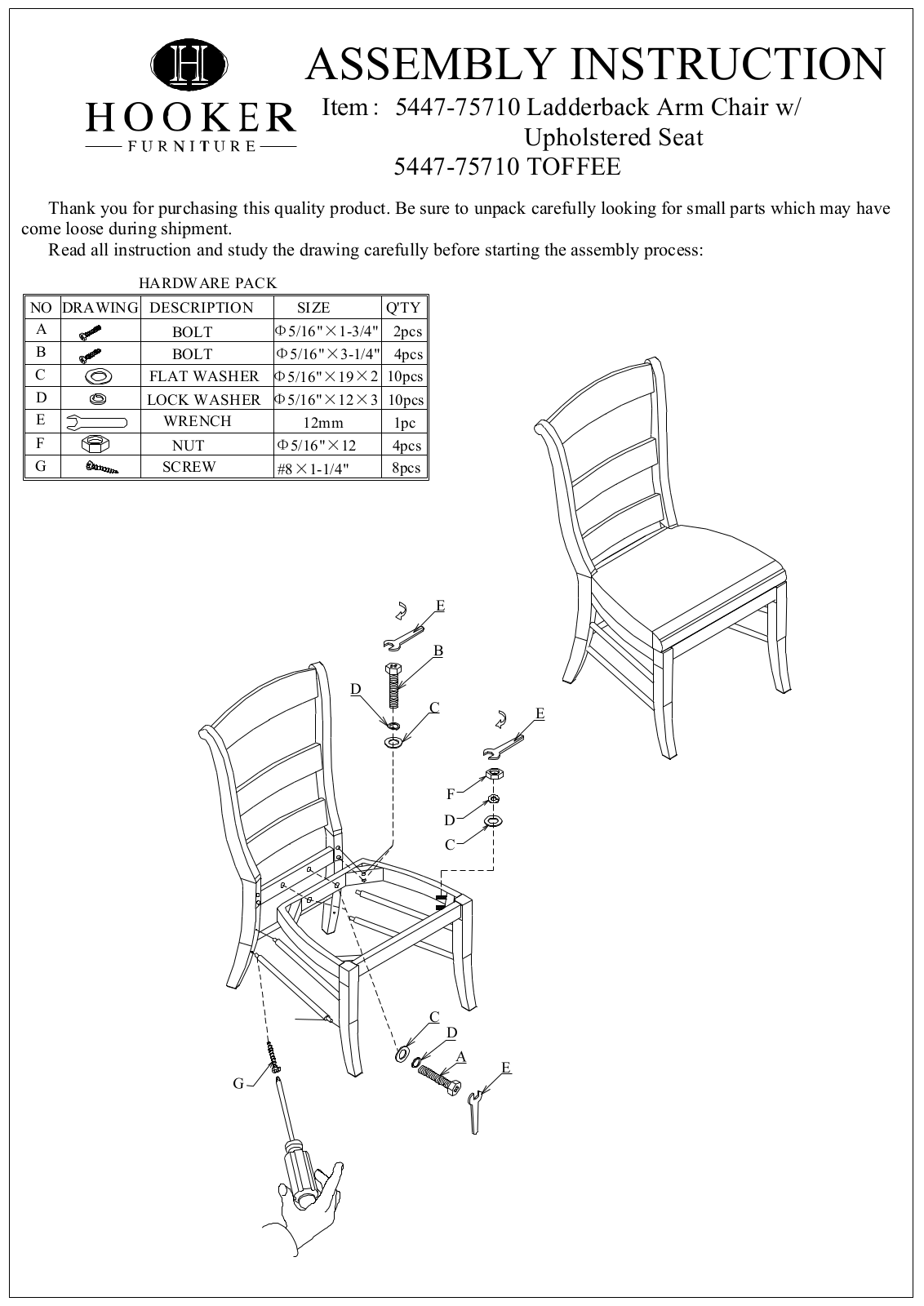 Hooker Furniture 544775710SC, 544775710 Assembly Guide