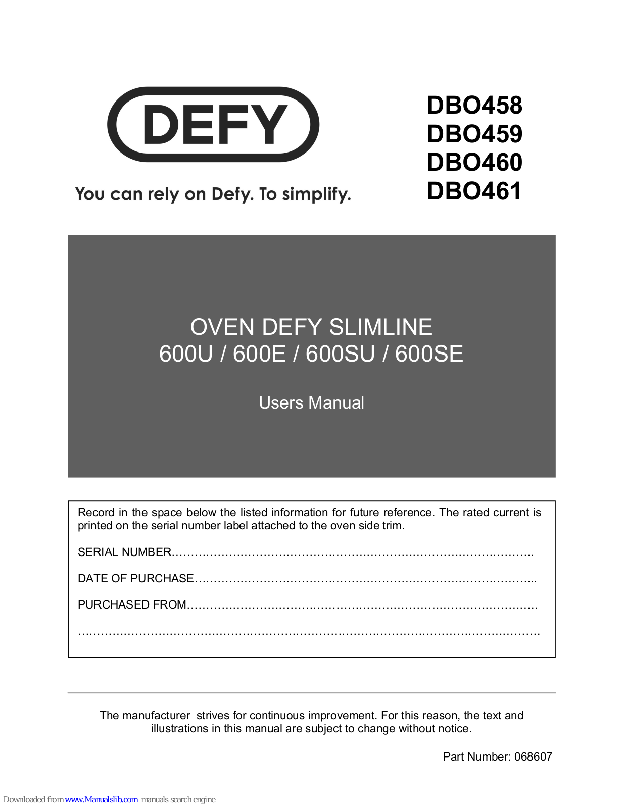 Defy Slimline 600U, DBO458, Slimline 600SU, DBO460, Slimline 600E User Manual