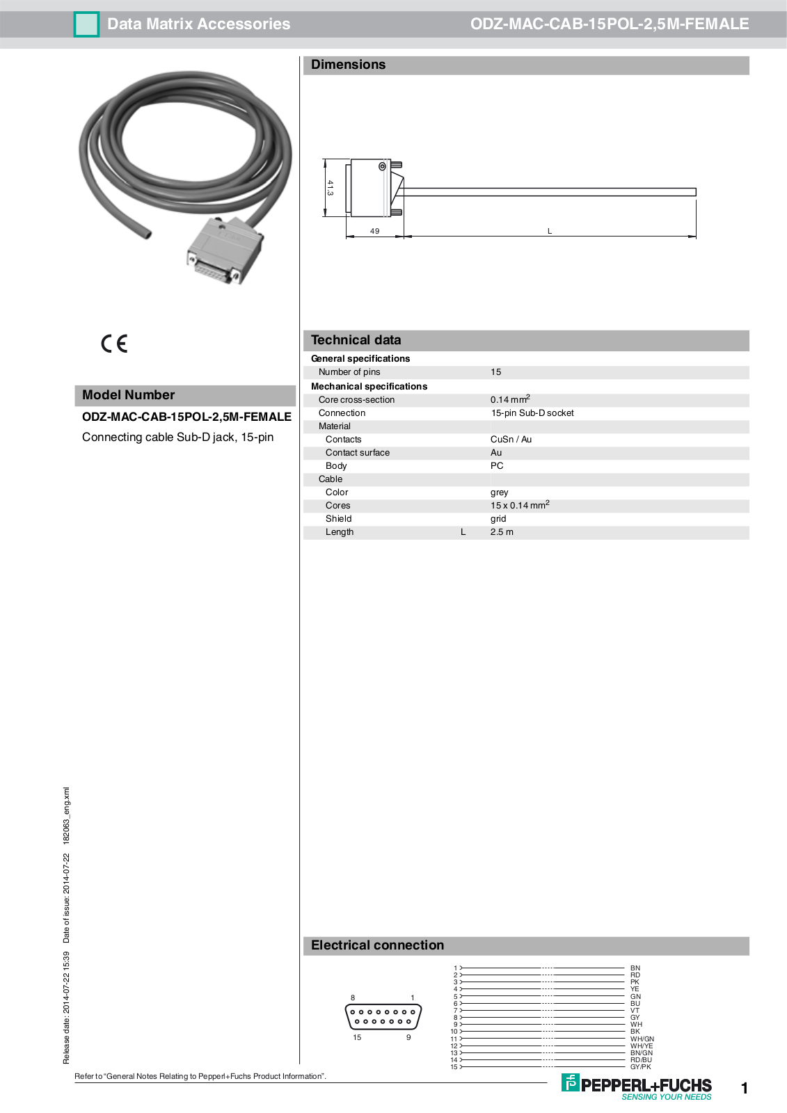 Pepperl Fuchs ODZ-MAC-CAB-15POL-2.5M-FEMALE Data Sheet