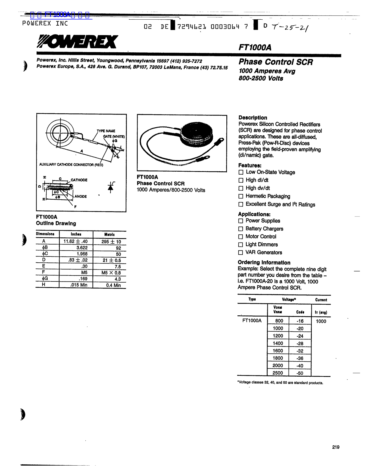 POWEREX FT1000A Technical data