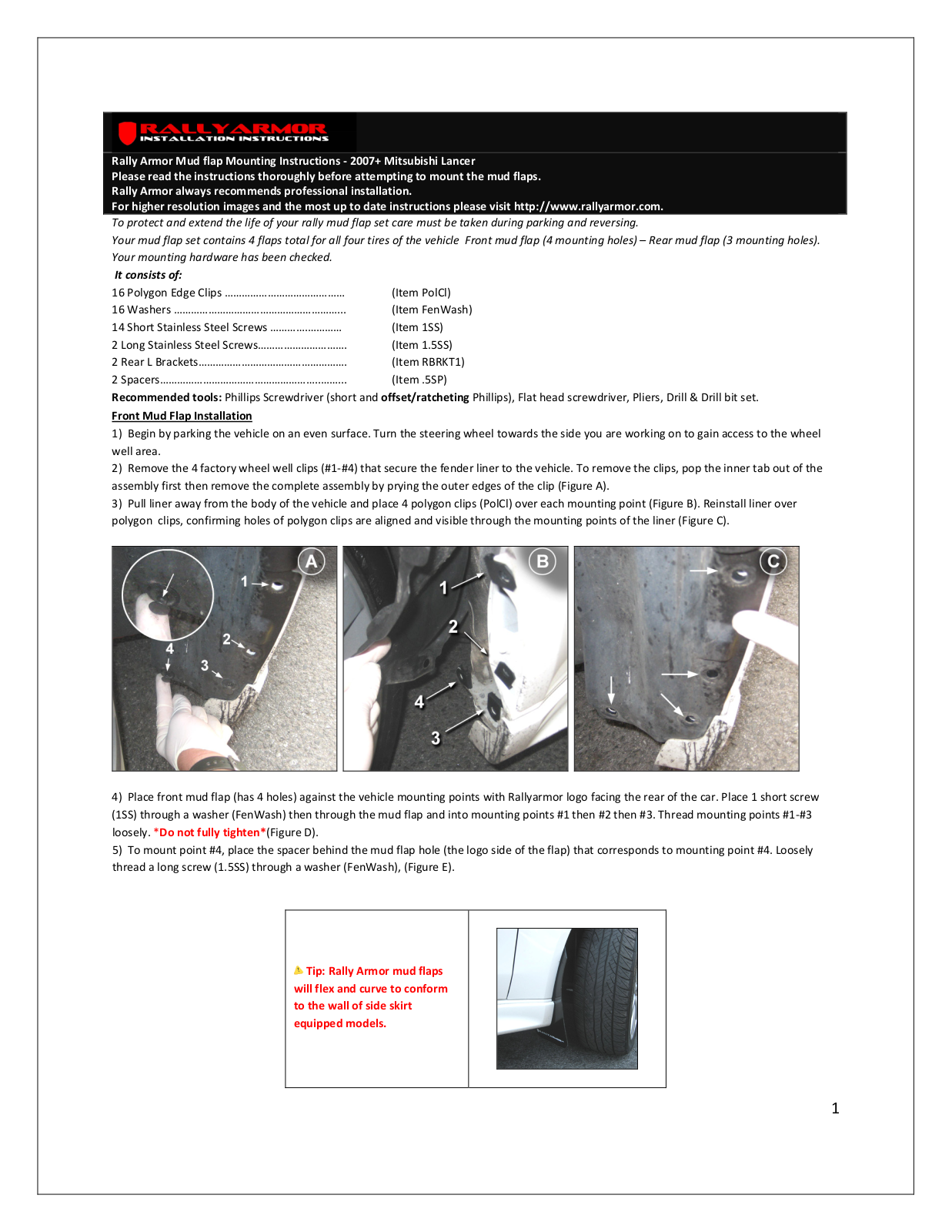 Rally Armor 07-13 Mitsubishi Lancer User Manual