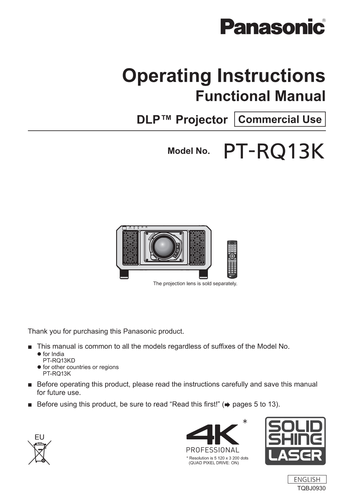 Panasonic PT-RQ13KEJ Datasheet