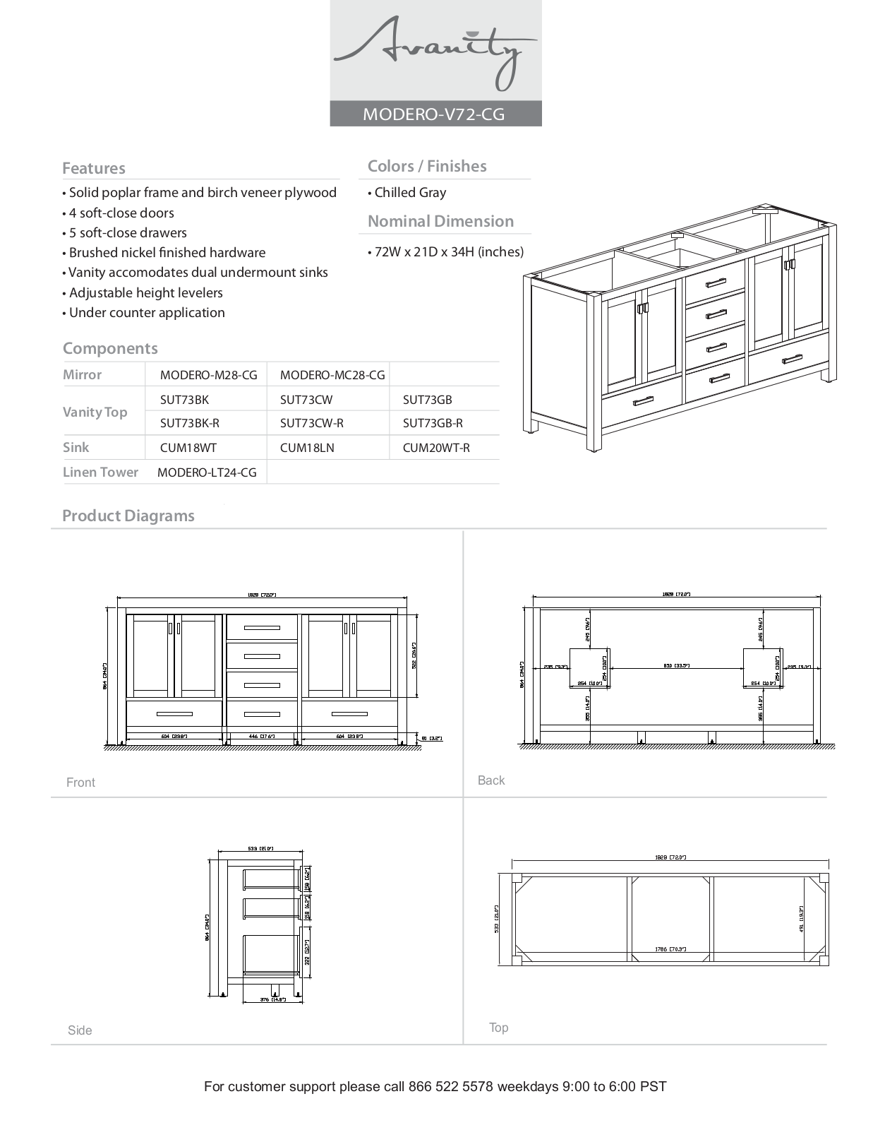 Avanity MODEROV72CG, MODEROVS72CGA, MODEROVS72CGC Specifications