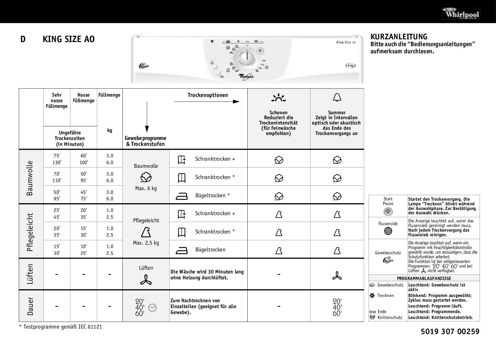 Whirlpool KINGSIZE AO INSTRUCTION FOR USE