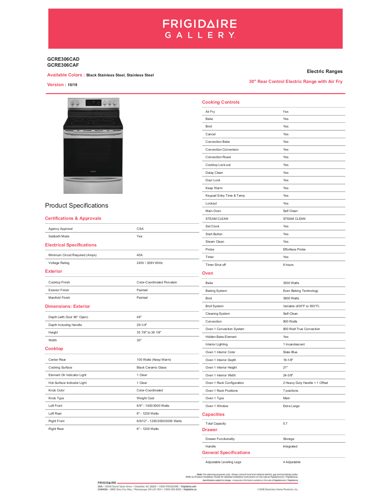 Frigidaire GCRE306CAD, GCRE306CAF PRODUCT SPECIFICATIONS