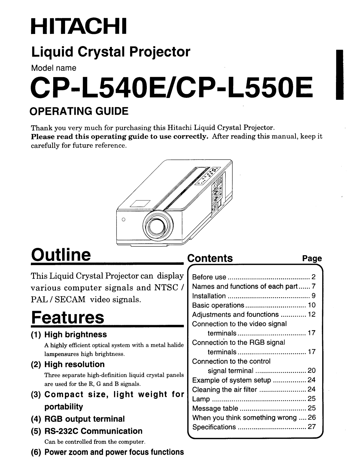 Hitachi CP-L550E, CP-L540E User Manual