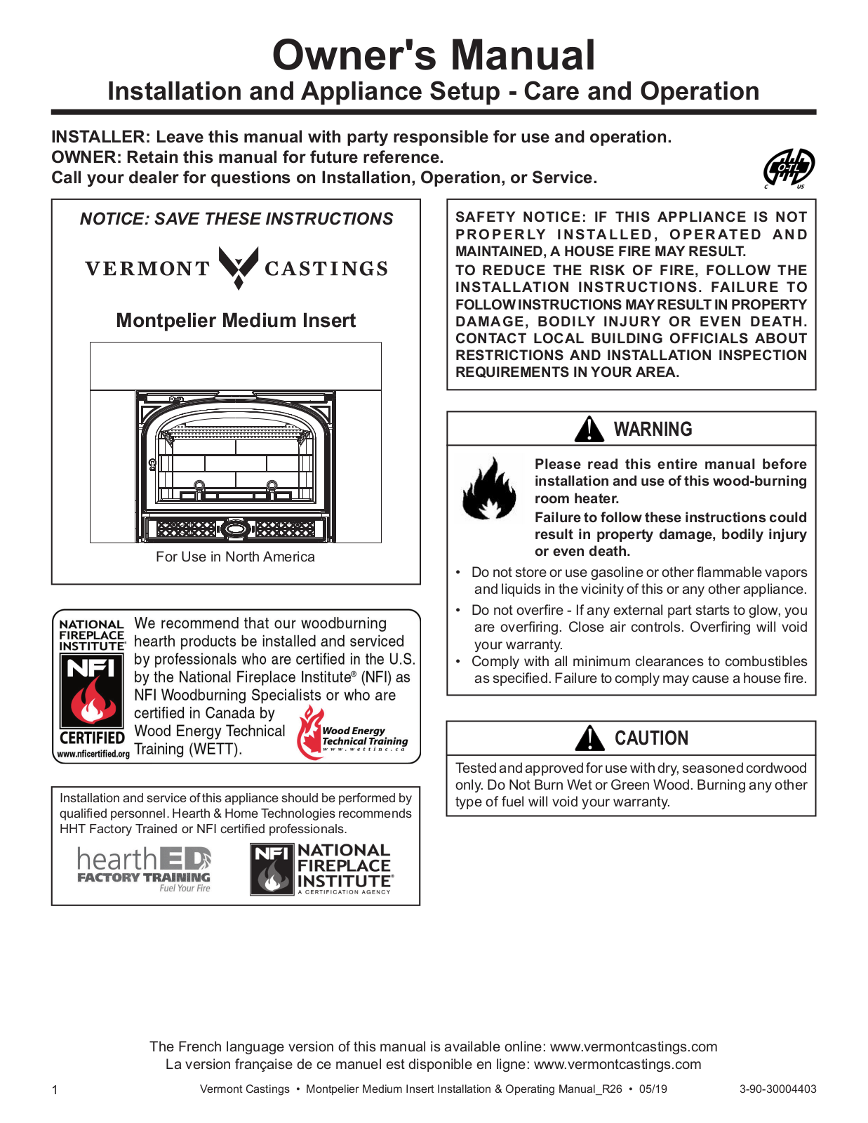 Vermont Castings Montpelier Medium Insert Owner's Manual