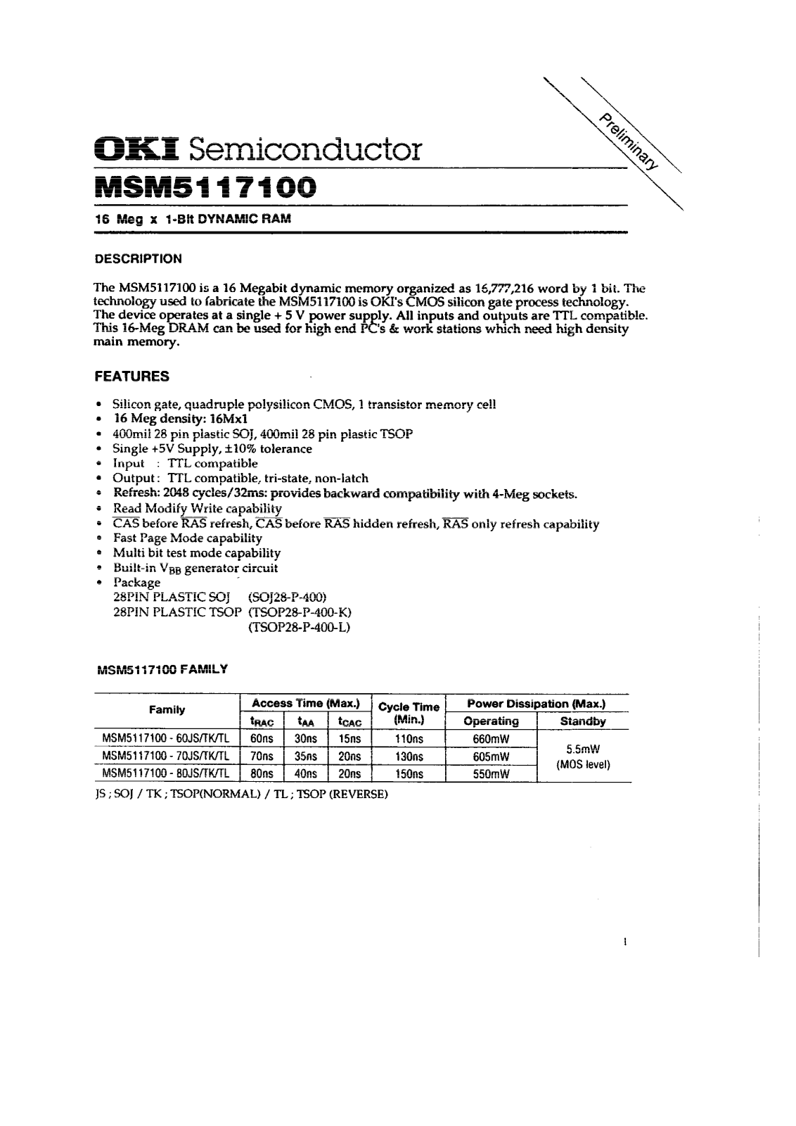 OKI MSM5117100-80TL, MSM5117100-80JS, MSM5117100-70TK, MSM5117100-60TL, MSM5117100-60JS Datasheet