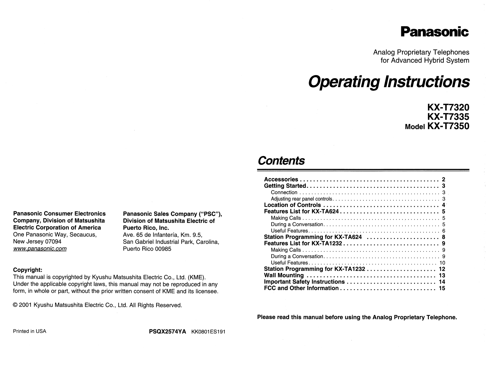 Panasonic KX-T7320, KX-T7335, KX-T7350 User Manual