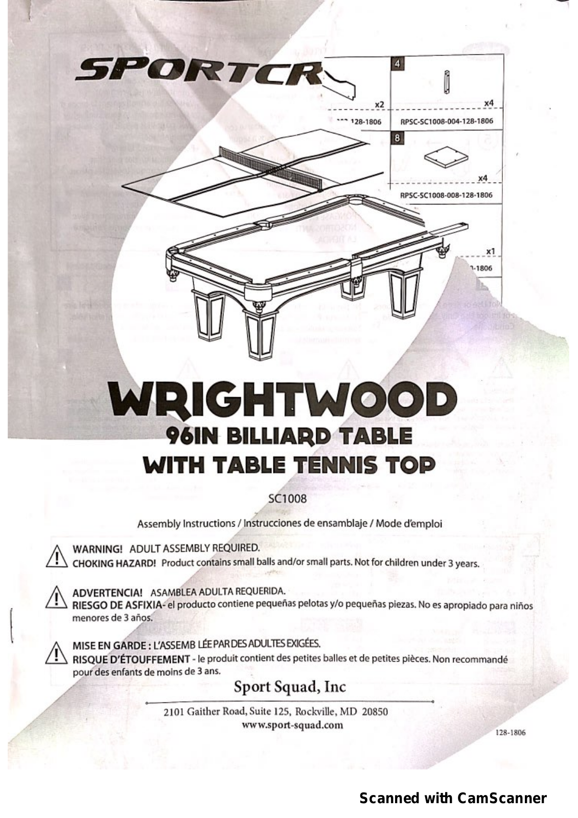 Sportcraft WRIGHTWOOD SC1008 Assembly Instructions Manual