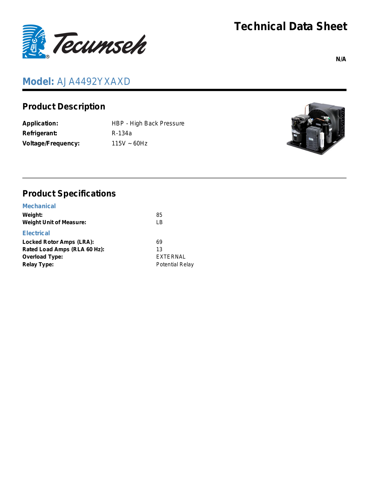 Tecumseh AJA4492YXAXD Technical Data Sheet