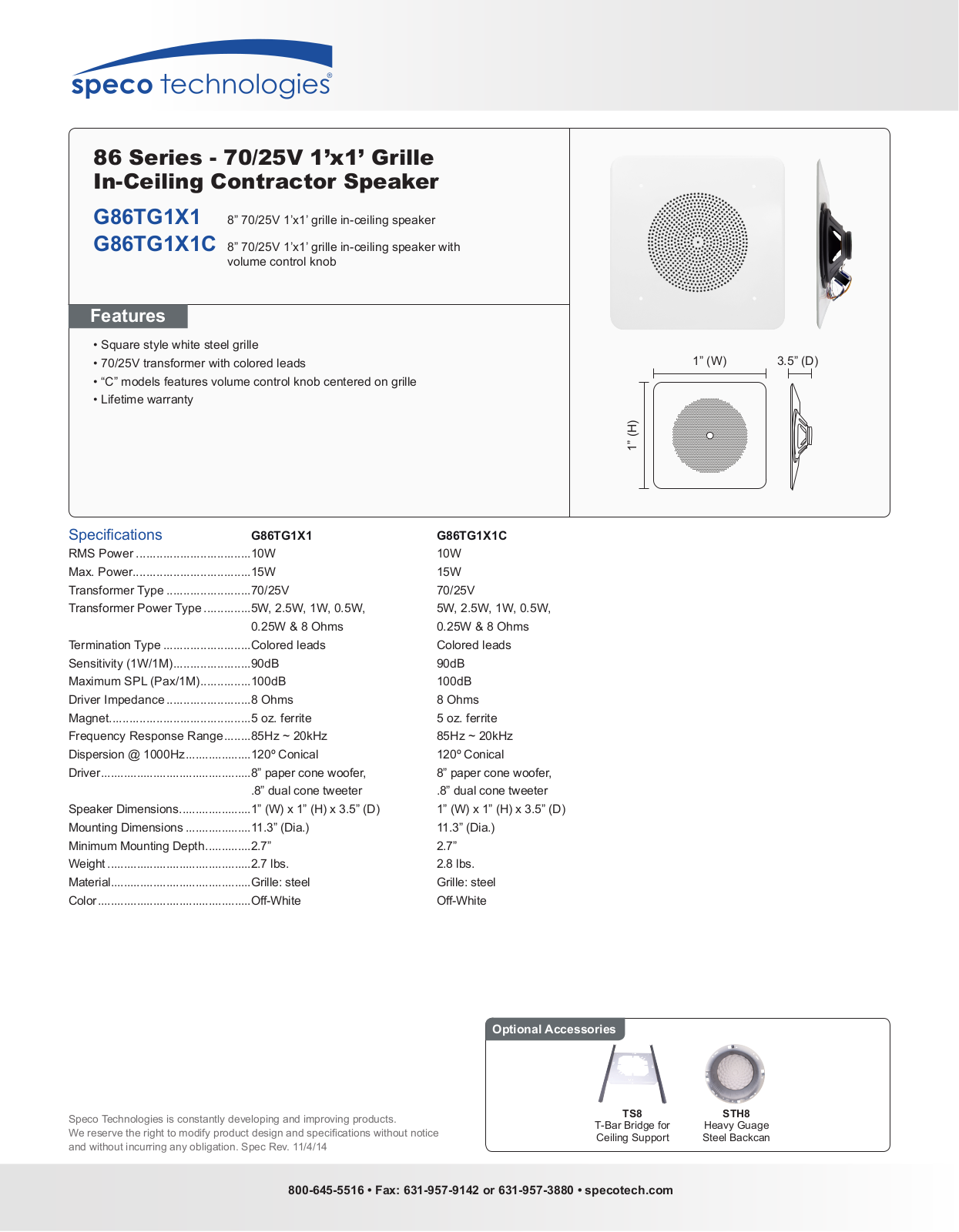 Speco G86TG1X1C, G86TG1X1 Specsheet