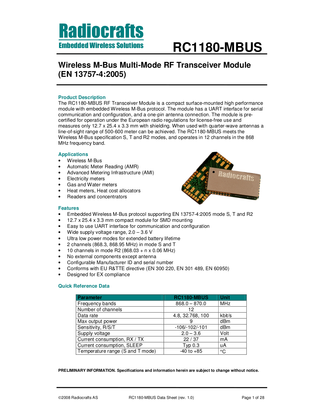 Rainbow Electronics RC1180-MBUS User Manual