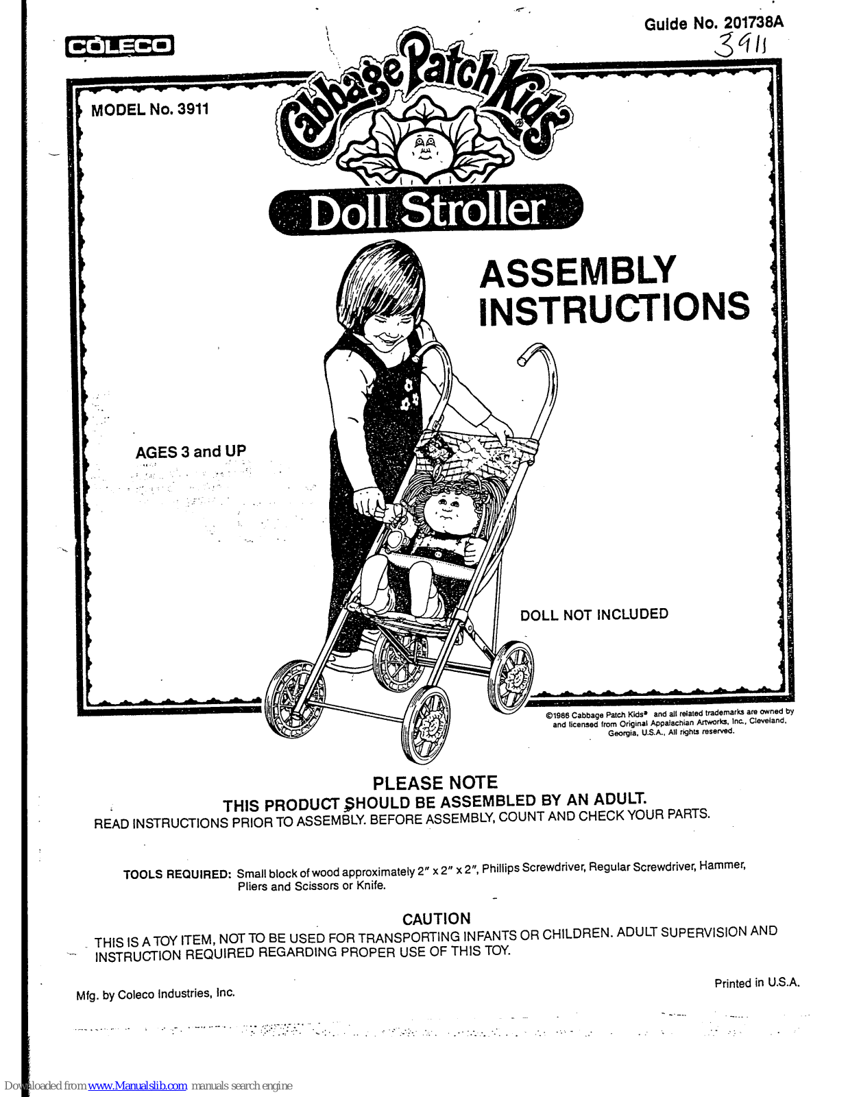 Coleco Cabbage Patch Kids Doll Stroller 3911 Instructions Manual