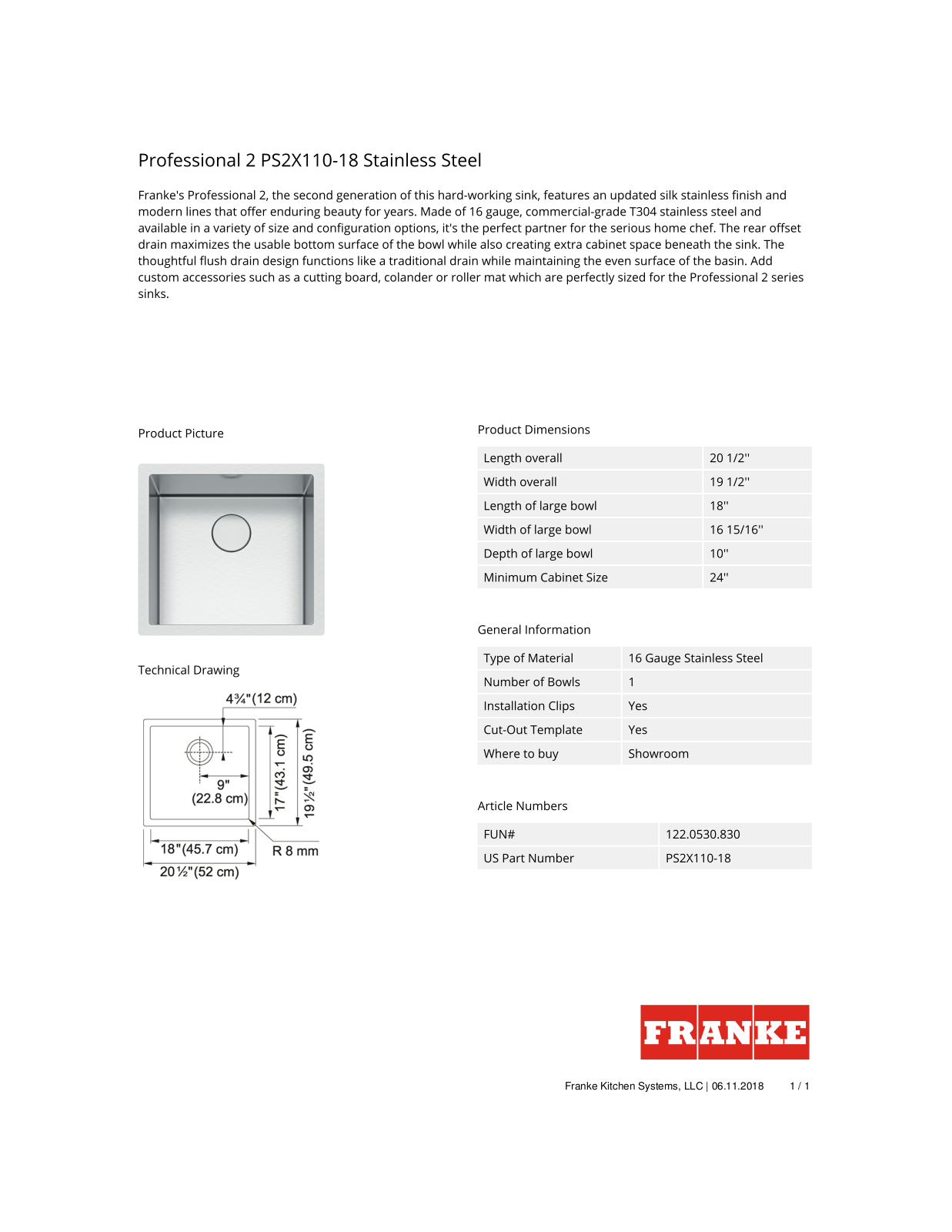 Franke PS2X11018 Specifications