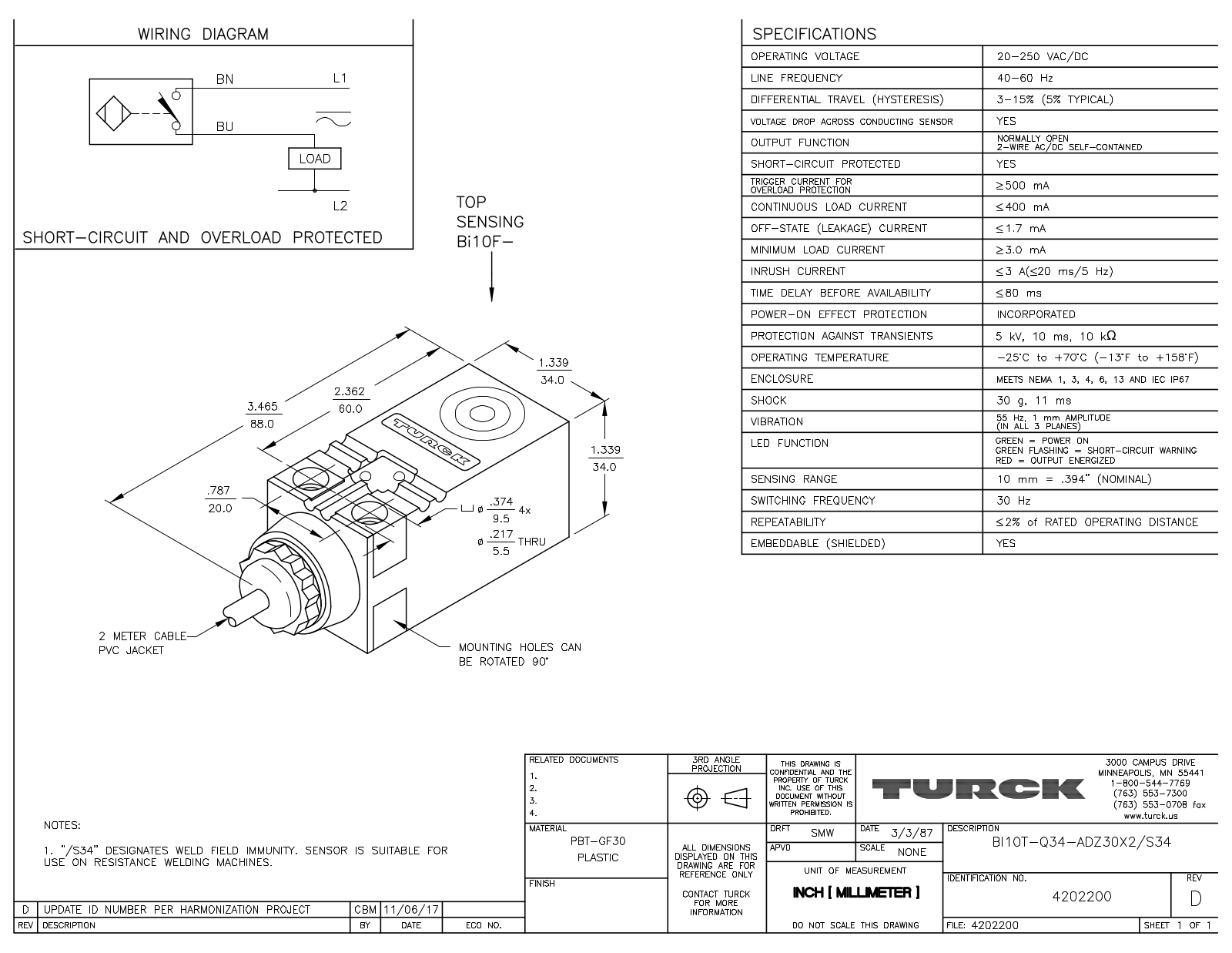 Turck BI10T-Q34-ADZ30X2/S34 Data Sheet