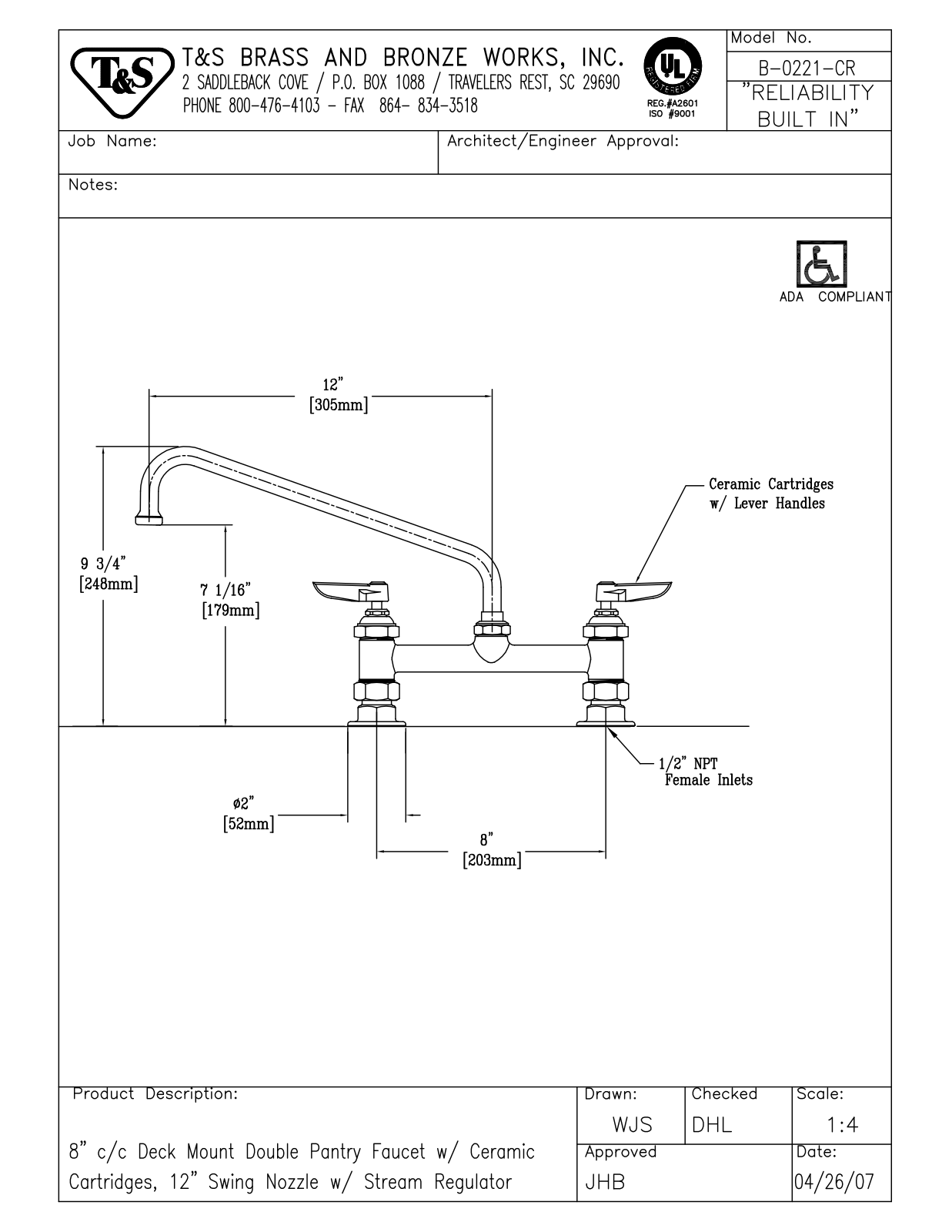 T & S Brass & Bronze Works B-0221-CR General Manual