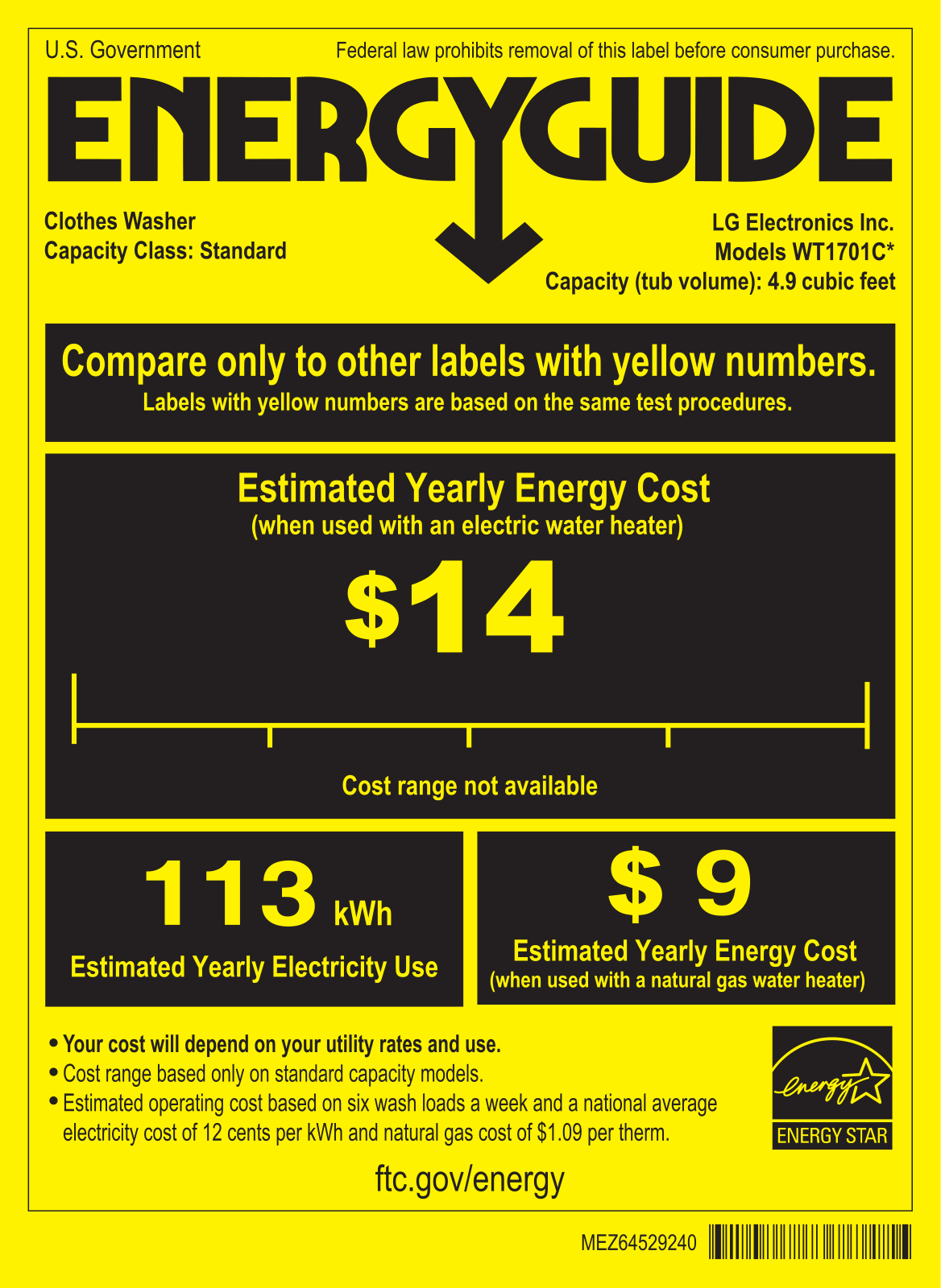 LG WT1701CW, WT1701CV Energy Guide