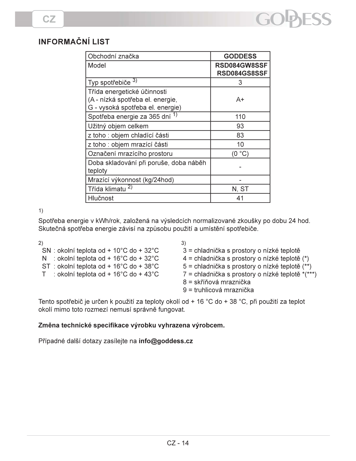 Goddess RSD084GW8SSF Information sheet