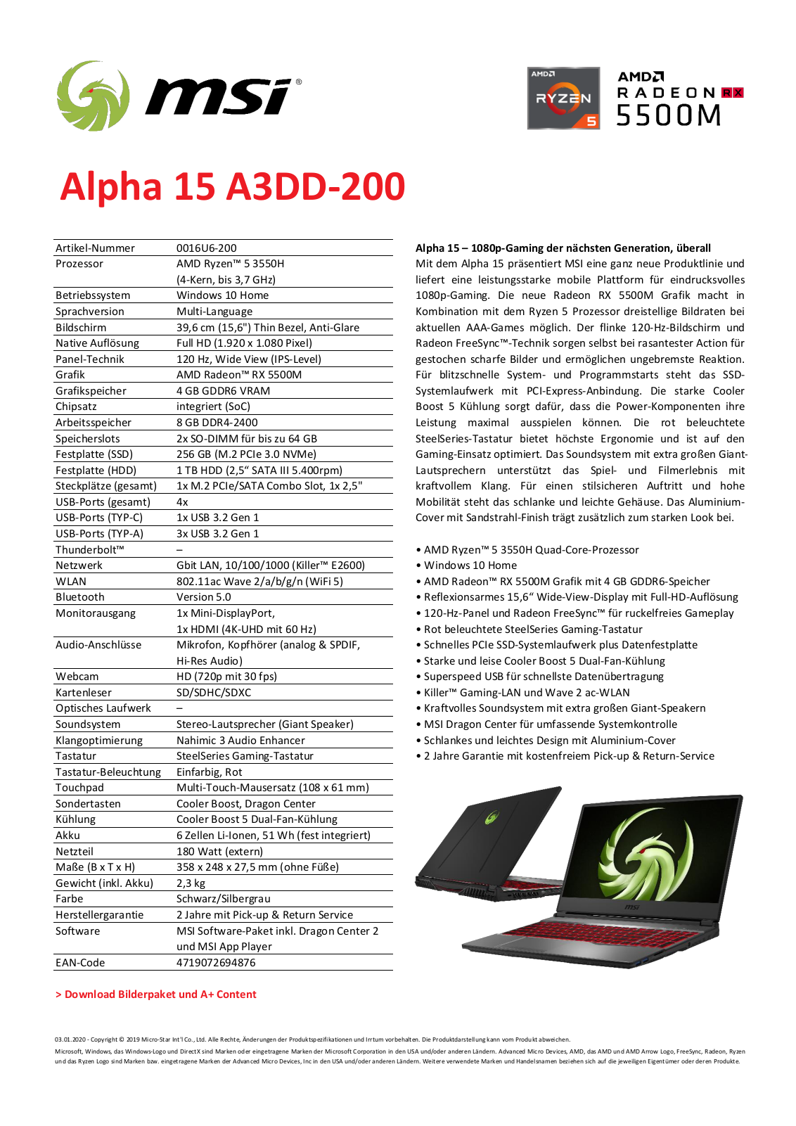 MSI Alpha 15 A3DD-200 Technical data