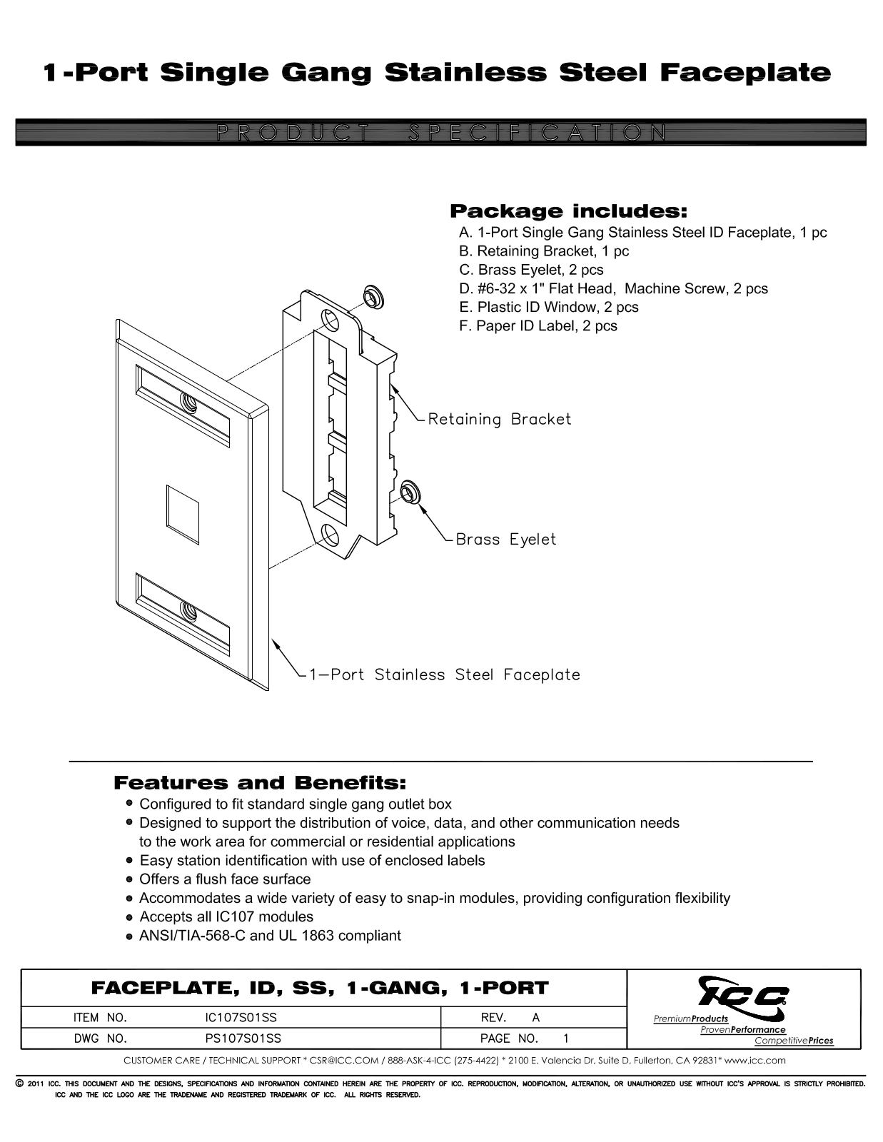 ICC IC107S01SS Specsheet