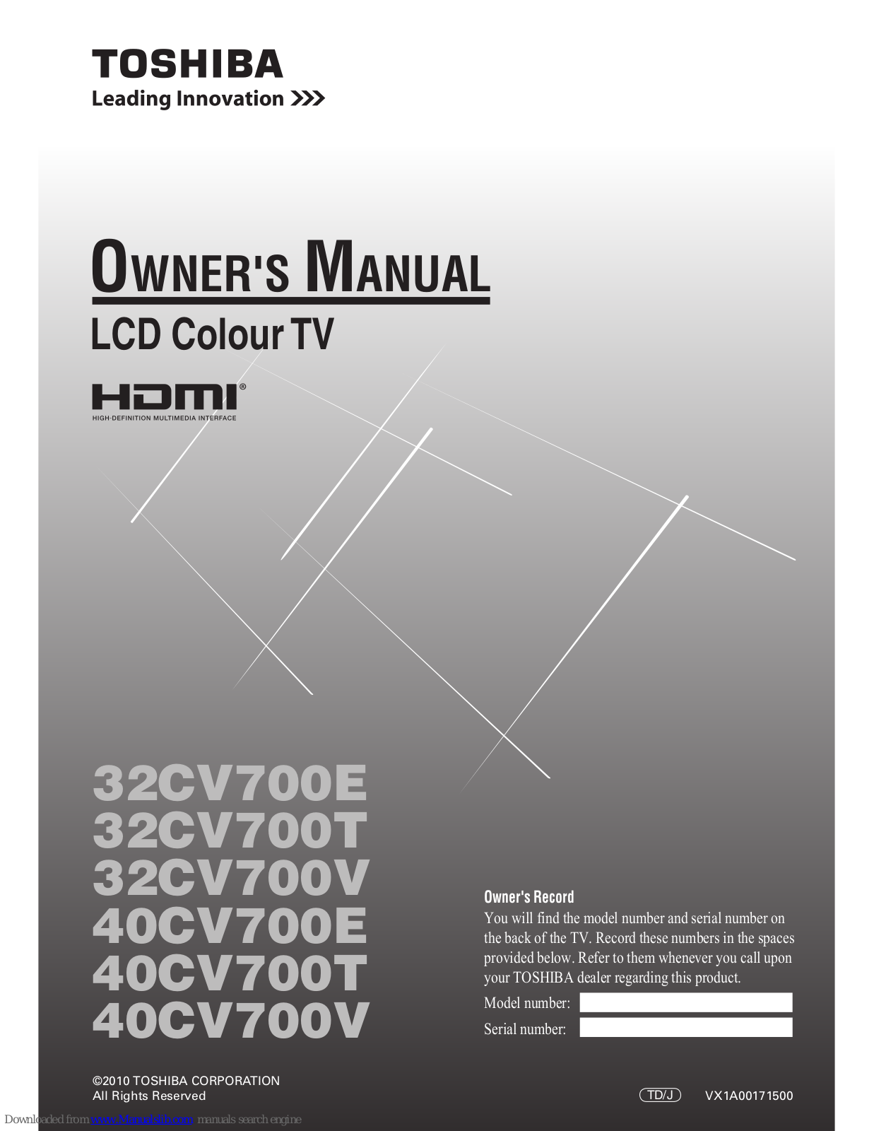 Toshiba 32CV700E, 32CV700T, 32CV700V, 40CV700E, 40CV700T Owner's Manual