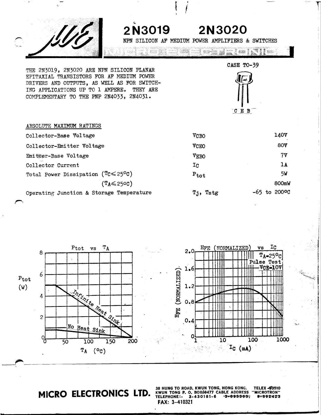 ME 2N3020, 2N3019 Datasheet