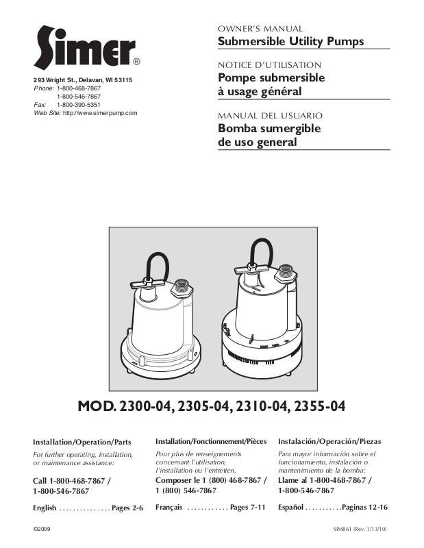 Simer Pumps 230504, 231004, 230004, 235504 User Manual