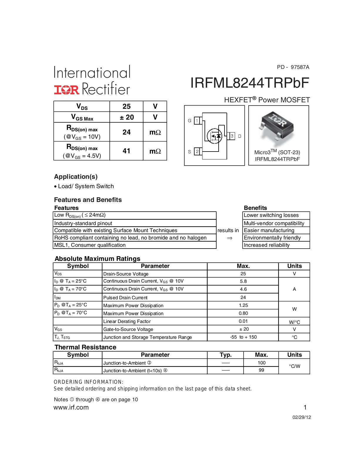 Datasheet IRFML8244PBF Datasheet - ManualMachine.com