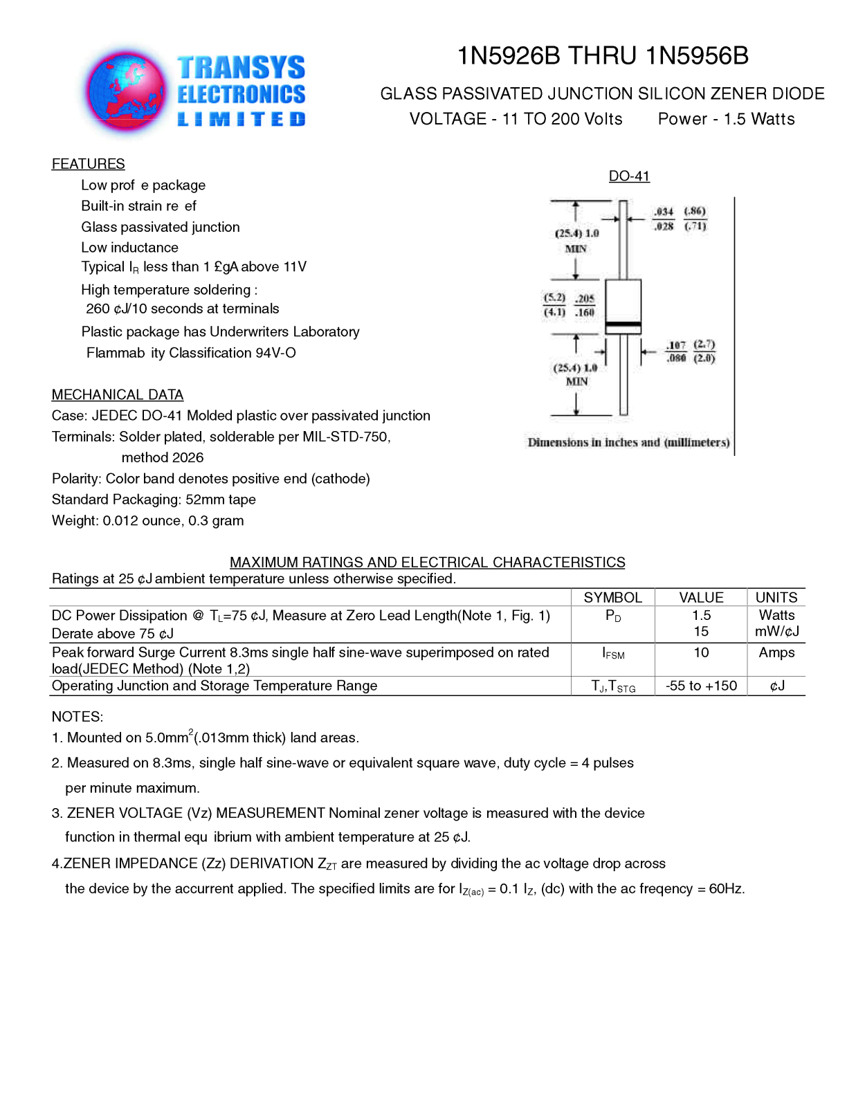 TEL 1N5956B, 1N5956B, 1N5955B, 1N5955B, 1N5954B Datasheet