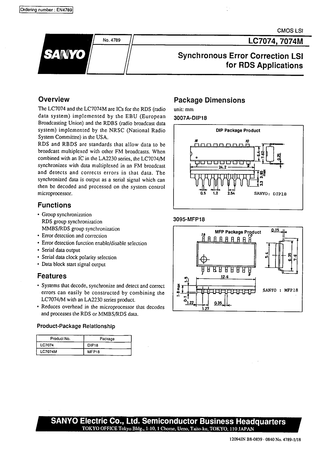 SANYO LC7074M Datasheet