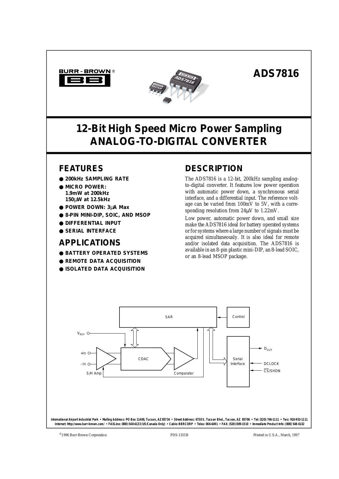 Burr Brown Corporation ADS7816UC-2K5, ADS7816UC, ADS7816UB-2K5, ADS7816UB, ADS7816U-2K5 Datasheet