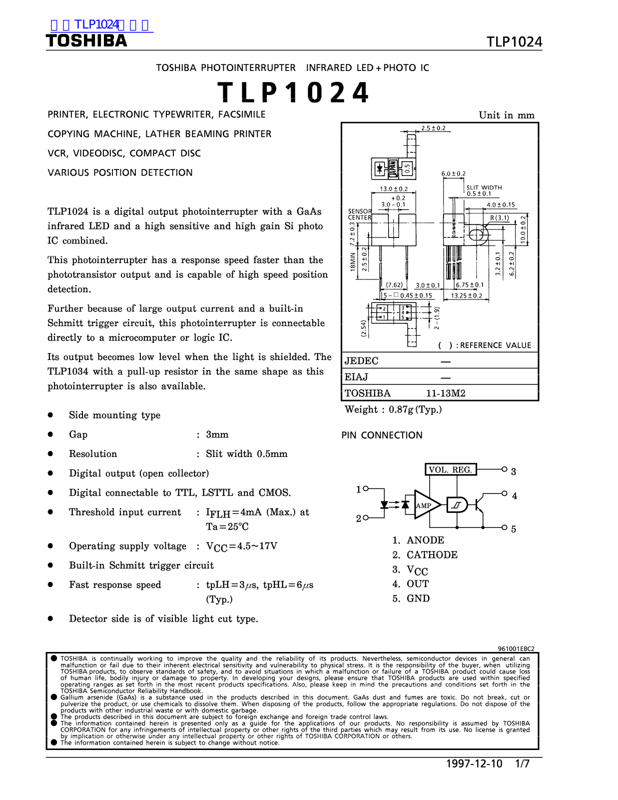 TOSHIBA TLP1024 Technical data