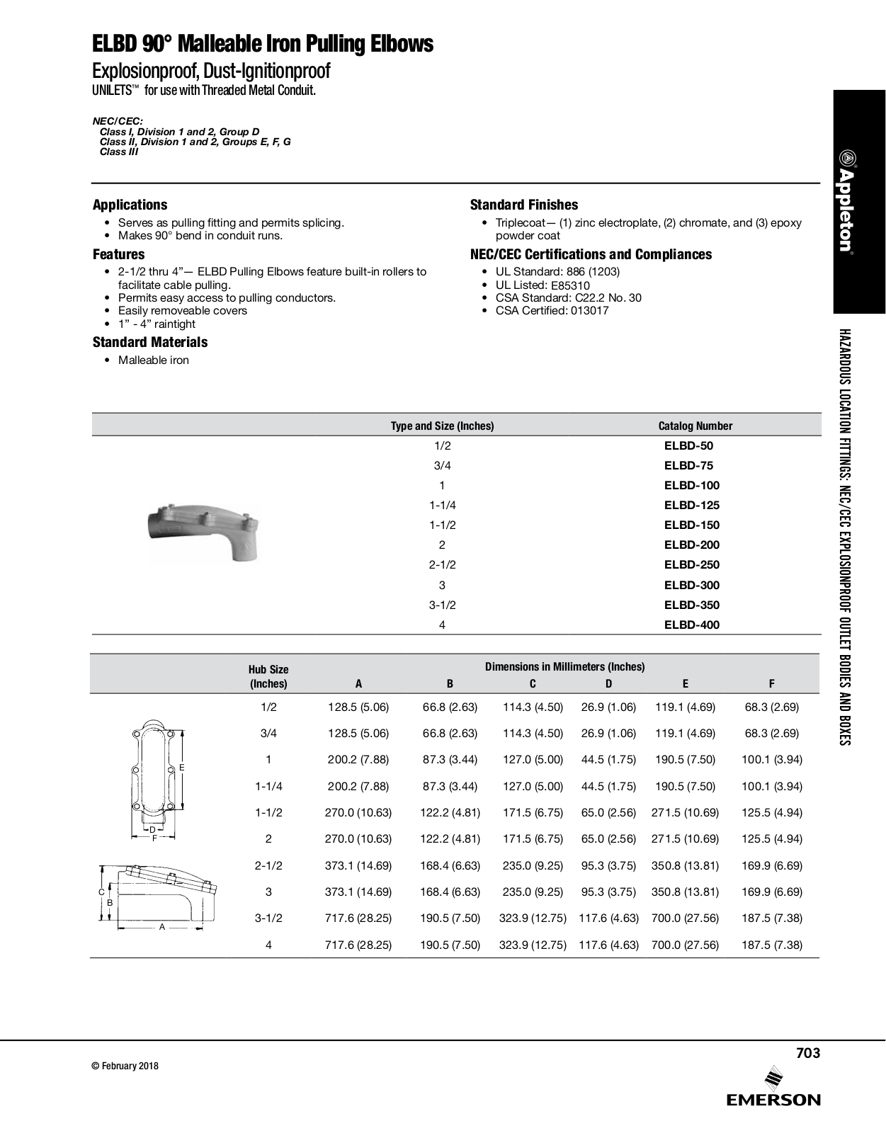 Appleton ELBD 90° Malleable Iron Pulling Elbows Catalog Page