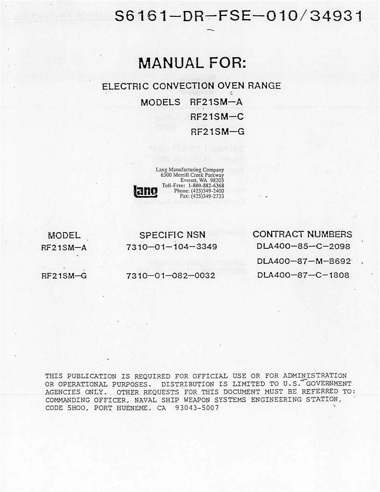 Lang Manufacturing RF21SM-A Service Manual